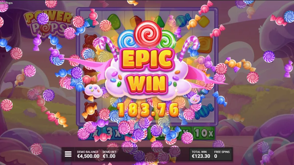 Tampilan visual grid permainan slot Power Pops dengan tema permen yang penuh warna.